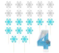 CVDYWDJIE 1 Pezzo di Candela Numero 4, 20 Pezzi di Inserti di Fiocchi di Neve, Topper per Torta di Compleanno, Inserti di Torta Creativi, Decorazione di Torta per Festa di Compleanno