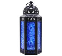 CVHOMEDECO. Decorative Candle Lantern Moroccan Lanterns Vintage Black Metal Lantern Holder for Home Patio Outdoor Decor. Cobalt Glass, Medium