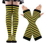 CWENDANER Collant A RigheDonne,2x Calzini Sopra il Ginocchio E Guanti,CollantCarnevale Donna,Collant Elfo Donna,Parigine MimoDonna,Parigine da Circo, Giallo e nero, 12-60