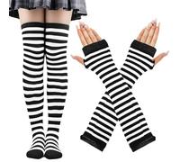 CWENDANER Collant A RigheDonne,2x Calzini Sopra il Ginocchio E Guanti,CollantCarnevale Donna,Collant Elfo Donna,Parigine MimoDonna,Parigine da Circo,bianco e nero, 12-60