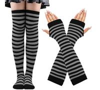 CWENDANER Collant A RigheDonne,2x Calzini Sopra il Ginocchio E Guanti,CollantCarnevale Donna,Collant Elfo Donna,Parigine MimoDonna,Parigine da Circo, grigio e nero., 12-60