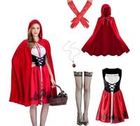 CWENDANER Costume da Cappuccetto Rosso per adulti, abito e mantello con collana, guanti e calze nere, costume da principessa Red Riding Hood per Carnevale Cosplay (rosso 38-40)