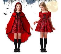 CWENDANER Costume da Cappuccetto Rosso per bambini, 140 cm, con mantello e vestito, rosso scuro, per ragazze, costume di carnevale, travestimento di Halloween, scuola teatro cosplay