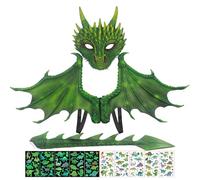 CWENDANER Set completo di costume da drago per bambini con ali 3D, maschera e coda, dinosauro gioco di ruolo, per ragazzi e ragazze, Halloween Carnevale Costume (verde)