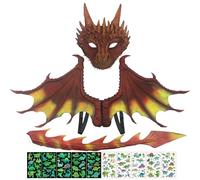 CWENDANER Set completo di costume da drago per bambini con ali 3D, maschera e coda, dinosauro gioco di ruolo, per ragazzi e ragazze, Halloween, costume di carnevale (giallo)