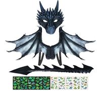 CWENDANER Set completo di costume da drago per bambini con ali 3D, maschera e coda. Dinosauro gioco di ruolo, per ragazzi e ragazze, Halloween Carnevale Costume (Black Gray)