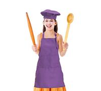 CWFUN - Set di grembiuli e cappelli da cuoco per bambini e ragazzi, con grembiuli regolabili, da cucina e da forno per bambini (5-13 anni), Poliestere, Viola, large