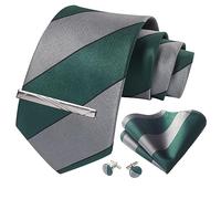 CWKOON Cravatta formale da uomo a righe scozzese a pois cravatta da tasca quadrata cravatta clip gemelli classici per uomo confezione regalo set, Grigio verde-2, taglia unica
