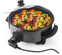 CWOQOCW Padella elettrica 42 cm con coperchio, pentola calda antiaderente da 1500 W per feste, controllo della temperatura a 5 livelli, nera (9 cm di profondità)