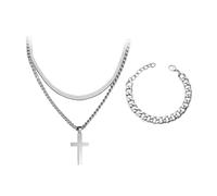 CWPFVQA 1 Collana A Doppio Strato E 1 Braccialetto in Acciaio al Titanio, Collana con Croce, Collana con Ciondolo, Collana Impilabile, Gioielli di Moda Maschile, Gioielli Vintage