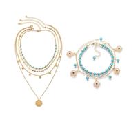 CWPFVQA 1 Set di Collane Multistrato E 1 Cavigliera, Gioielli Vintage, Collana con Ciondolo, Collana Bohémien, Collana da Donna, Bigiotteria, Accessori di Abbigliamento