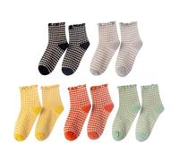 CWPFVQA 5 Paia di Calzini con Volant da Donna, Calzini da Donna con Motivo Vintage Check, Calzini da Donna A metà Polpaccio, Calzini Carini, Calzini di Cotone, Accessori Coordinati