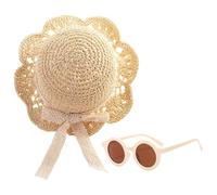 CWPFVQA Cappello di Paglia per Bambini 1 Pezzo, 1 Paio di Occhiali da Sole, Cappello di Paglia Morbido, Cappello di Paglia di Pizzo, Cappello da Spiaggia Estivo