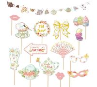 CWPFVQA Set di 14 Accessori per Foto, 1 Teiera, Tazza da tè, Set di Bandiere, Decorazioni per Il tè Pomeridiano, Decorazioni per Il tè, Accessori per Cabine Fotografiche per Addio al Nubilato