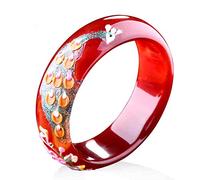 CWZZWS Bracciale di giada per donne, braccialetto cinese, braccialetto rosso brasiliano naturale dipinto di pavone intarsio intarsio intarsiato con scatola (58 mm)