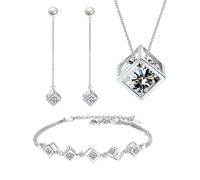 CWZZWS Gioielli Set di Gioielli da Donna in Argento 925 - Set di Lusso da 3 Pezzi con zirconi Quadrati, Collana con ciondoli e Perle, Bracciale e Orecchini, per Gioielli per Anniversario di
