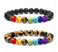 CWZZWS Uomo Donna Pietra lavica Nera con Perline 7 Chakra Pietra preziosa con Corda Fatta a Mano Unisex 8 mm