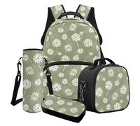 Cxdvotvy Set di 4 zaini, borsa per la scuola, borsa per il pranzo per ragazzi e ragazze, astuccio porta bottiglia d'acqua per studenti, Margherita verde, Set di zaini per la scuola