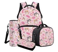 Cxdvotvy Set di 4 zaini per la scuola, 43 cm, per ragazze, portapenne, borsa portatile per il pranzo, borsa per bottiglia d'acqua, per scuola elementare e media, Gelato alla fragola del gatto rosa