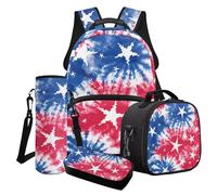 Cxdvotvy Set di 4 zaini per la scuola, astuccio portapranzo, borsa per bottiglia d'acqua, per ragazzi e ragazze, Stella colorante blu e rossa, Set di zaini per la scuola