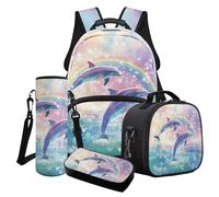Cxdvotvy Set di 4 zaini per la scuola con stampa animalier, set con borsa per il pranzo, astuccio per matite e biberon, per studenti, Blu Rosa-delfino Arcobaleno, Set di zaini per la scuola