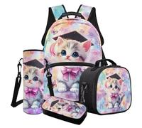 Cxdvotvy Set di 4 zaini per la scuola per bambini, set di 4 pezzi, borsa portapranzo, astuccio porta bicchieri d'acqua, regalo per ragazze, Farfalla gatto multi-tie dye, Set di zaini per la scuola
