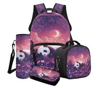 Cxdvotvy Set di 4 zaini per la scuola per bambini, set di 4 pezzi, borsa portapranzo, astuccio porta bicchieri d'acqua, regalo per ragazze, Luna panda viola, Set di zaini per la scuola