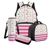Cxdvotvy Set di 4 zaini per la scuola, per ragazzi e ragazze, con zainetto, portapranzo, portaborraccia, portabottiglie per l'asilo e la scuola elementare, Fiore rosa farfalla, Set di zaini per la