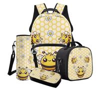 Cxdvotvy Set di 4 zaini per la scuola, per ragazzi e ragazze, con zainetto, portapranzo, portaborraccia, portabottiglie per l'asilo e la scuola elementare, Fiore a nido d'ape giallo, Set di zaini per