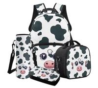 Cxdvotvy Set di 4 zaini per la scuola, per ragazzi e ragazze, con zainetto, portapranzo, portaborraccia, portabottiglie per l'asilo e la scuola elementare, Stampa mucca bianca e nera, Set di zaini per