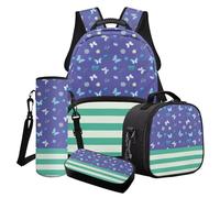 Cxdvotvy Set di 4 zaini per la scuola, per ragazzi e ragazze, con zainetto, portapranzo, portaborraccia, portabottiglie per l'asilo e la scuola elementare, Viola Verde-farfalla Fiore, Set di zaini per
