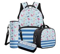 Cxdvotvy Set di 4 zaini per la scuola, per ragazzi e ragazze, con zainetto, portapranzo, portaborraccia, portabottiglie per l'asilo e la scuola elementare, Fiore Farfalla Blu, Set di zaini per la