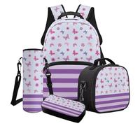 Cxdvotvy Set di 4 zaini per la scuola, per ragazzi e ragazze, con zainetto, portapranzo, portaborraccia, portabottiglie per l'asilo e la scuola elementare, Fiore viola farfalla, Set di zaini per la