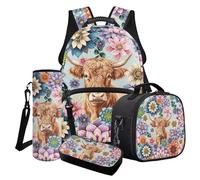 Cxdvotvy Set di 4 zaini per la scuola, set con borsa per il pranzo, astuccio, borsa porta bicchieri d'acqua per la scuola elementare, Blue-boho Mandala Fiore Highland Cow, Set di zaini per la scuola