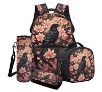 Cxdvotvy Set di 4 zaini per la scuola, set di zaini, portapranzo, porta bicchieri d'acqua, portapenne, per studenti, Fiore rosa corvo, Set di zaini per la scuola