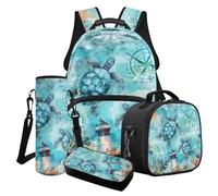 Cxdvotvy Set di 4 zaini per la scuola, set di zaini, portapranzo, porta bicchieri d'acqua, portapenne, per studenti, Tartaruga blu marina, Set di zaini per la scuola
