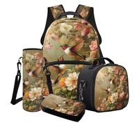 Cxdvotvy Set di 4 zaini per la scuola, set di zaini, portapranzo, porta bicchieri d'acqua, portapenne, per studenti, Fiore colibrì verde, Set di zaini per la scuola