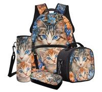 Cxdvotvy Set di 4 zaini per la scuola, zaino, borsa per il pranzo, astuccio portaborraccia, portabottiglie per ragazzi e ragazze, Gatto fiore multi-3d, Set di zaini per la scuola