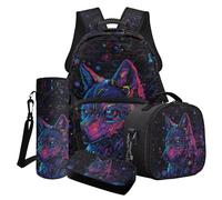 Cxdvotvy Set di borse scolastiche con zaino, borsa per il pranzo, astuccio per matite e bottiglia d'acqua, 4 pezzi, per ragazzi e ragazze, Lupo viola nero, Set di zaini per la scuola
