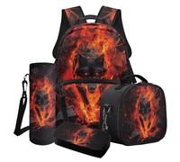 Cxdvotvy Set di borse scolastiche con zaino, borsa per il pranzo, astuccio per matite e bottiglia d'acqua, 4 pezzi, per ragazzi e ragazze, Lupo nero arancione, Set di zaini per la scuola