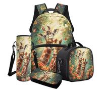 Cxdvotvy Set di zaini per la scuola con stampa animalier per ragazzi e ragazze, set zaino portabottiglie per acqua, portapranzo, astuccio per matite, 4 pezzi, Farfalla Floreale Giraffa Verde, Set di