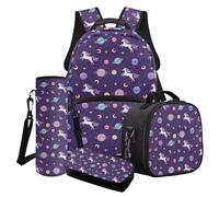 Cxdvotvy Set di zaini per la scuola con stampa carina per bambini, zaino e borsa per il pranzo, astuccio per matite e tazza per ragazze materiale scolastico, Cavallo viola Pianeta Luna, Set di zaini