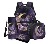Cxdvotvy Set di zaini per la scuola con stampa di farfalle, zaino leggero per il pranzo, per asilo, elementare, scuola media, Viola farfalla Luna Rosa, Set di zaini per la scuola