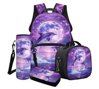 Cxdvotvy Set di zaini per la scuola per bambini, zaino per ragazze, borsa per il pranzo, astuccio portaborraccia, materiale scolastico, Luna delfino viola, Set di zaini per la scuola