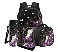 Cxdvotvy Set di zaini per la scuola per ragazzi, zaino astuccio termico per il pranzo, borsa per bottiglie, custodia per ragazze, Margherita Farfalla Gatta, Set di zaini per la scuola