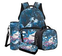 Cxdvotvy Set di zaini per la scuola per ragazzi, zaino astuccio termico per il pranzo, borsa per bottiglie, custodia per ragazze, Squalo blu, Set di zaini per la scuola
