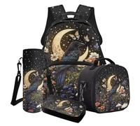 Cxdvotvy Set di zaini per la scuola per ragazzi, zaino astuccio termico per il pranzo, borsa per bottiglie, custodia per ragazze, Fiore Luna Corvo Nero, Set di zaini per la scuola