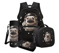 Cxdvotvy Set di zaini per la scuola per ragazzi, zaino astuccio termico per il pranzo, borsa per bottiglie, custodia per ragazze, Cane carlino nero, Set di zaini per la scuola