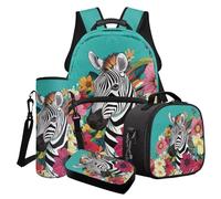 Cxdvotvy Set di zaino per la scuola con stampa animalier, zaino e borsa per il pranzo, per ragazze e ragazzi, materiale scolastico, Turchese-zebra Fiore, Set di zaini per la scuola
