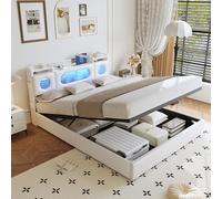 CXHLXYR Letto 140 x 200 con rete a LED, letto con contenitore per testiera e porta USB, testiera per 2 persone con vano portaoggetti telaio per letto idraulico, PU(bianco b, 140 x 200)